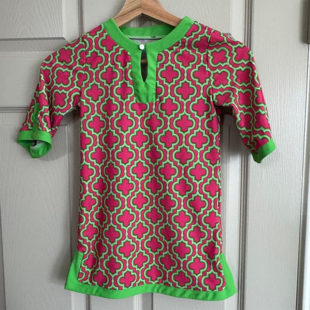 Cabana Life Girls 4T Pink Green Trellis Swim Tunic Rash Guard Coverup